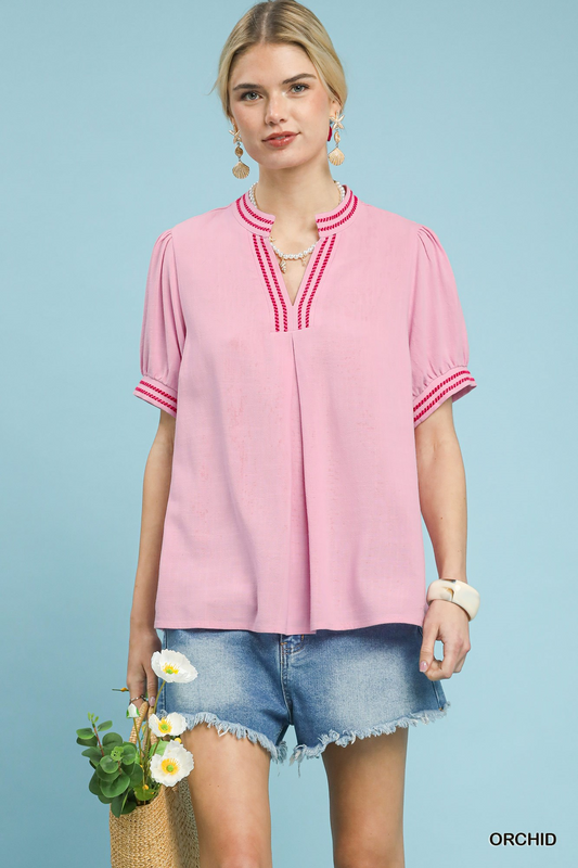 Classically Cute Linen Embroidery Top - Pink - Delta Swanky Girl