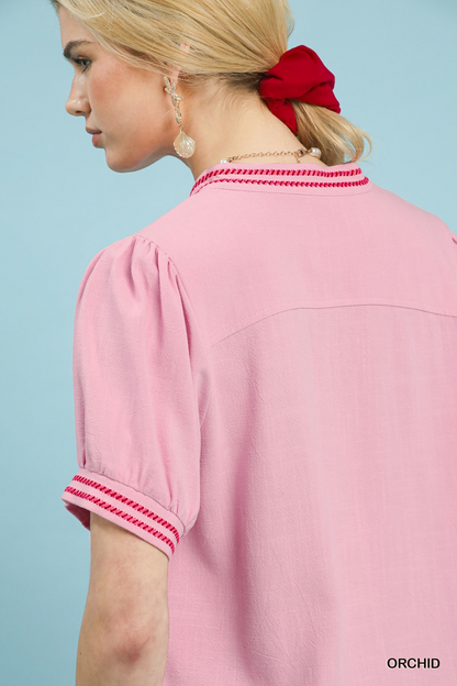 Classically Cute Linen Embroidery Top - Pink - Delta Swanky Girl