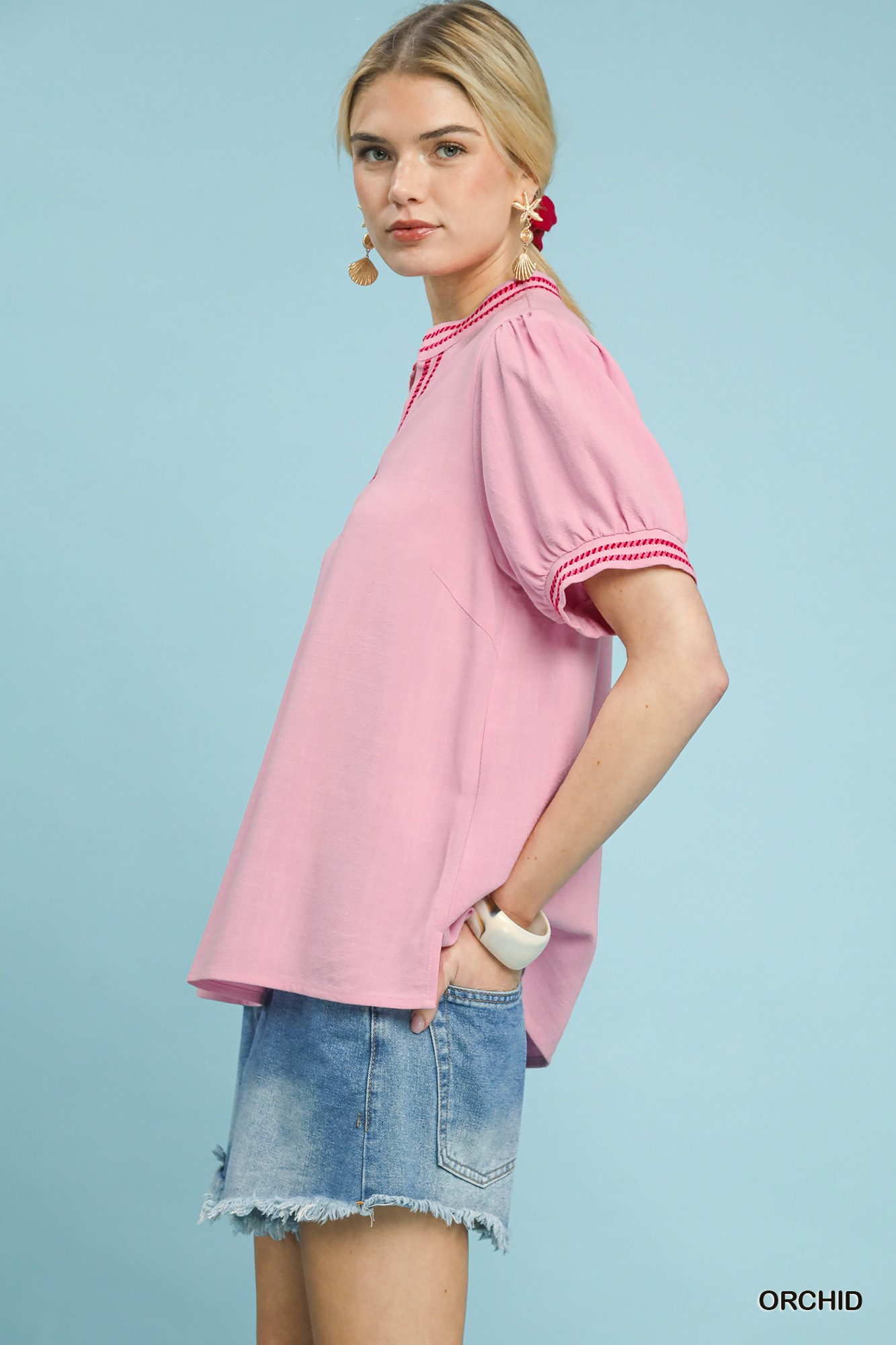 Classically Cute Linen Embroidery Top - Pink - Delta Swanky Girl