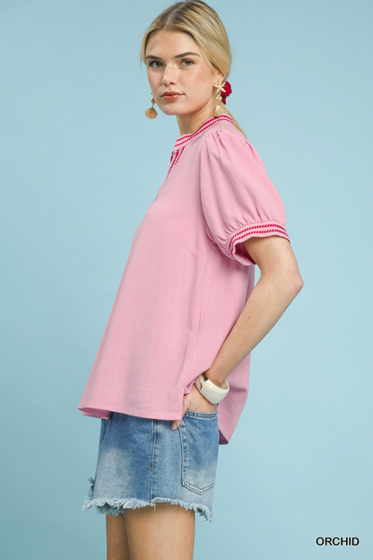 Classically Cute Linen Embroidery Top - Pink - Delta Swanky Girl