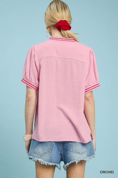 Classically Cute Linen Embroidery Top - Pink - Delta Swanky Girl