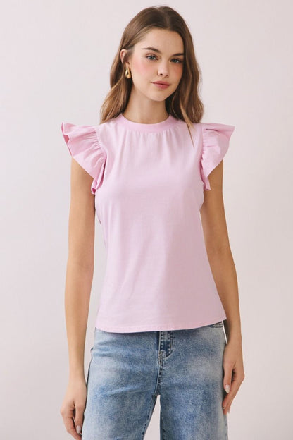 Poplin Ruffle Sleeve Top - Pink