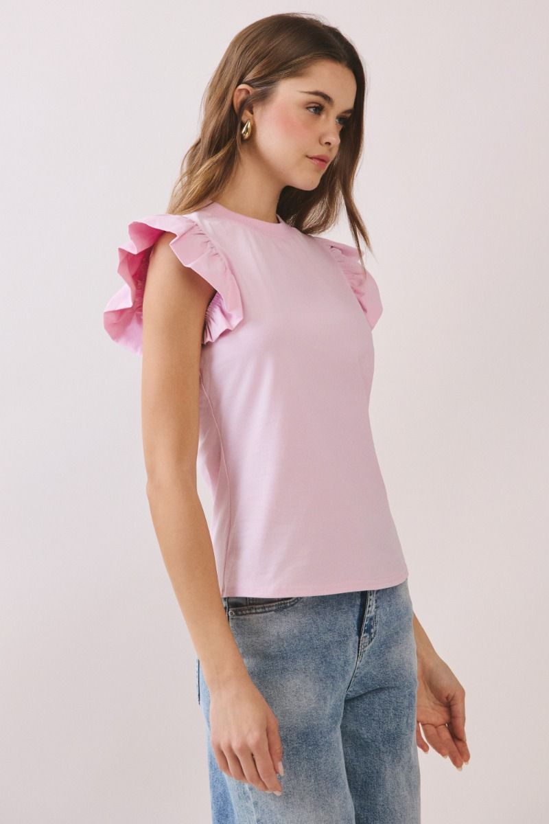 Poplin Ruffle Sleeve Top - Pink