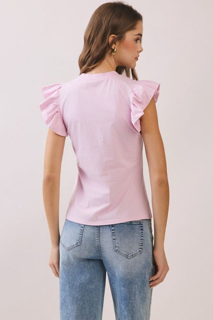 Poplin Ruffle Sleeve Top - Pink