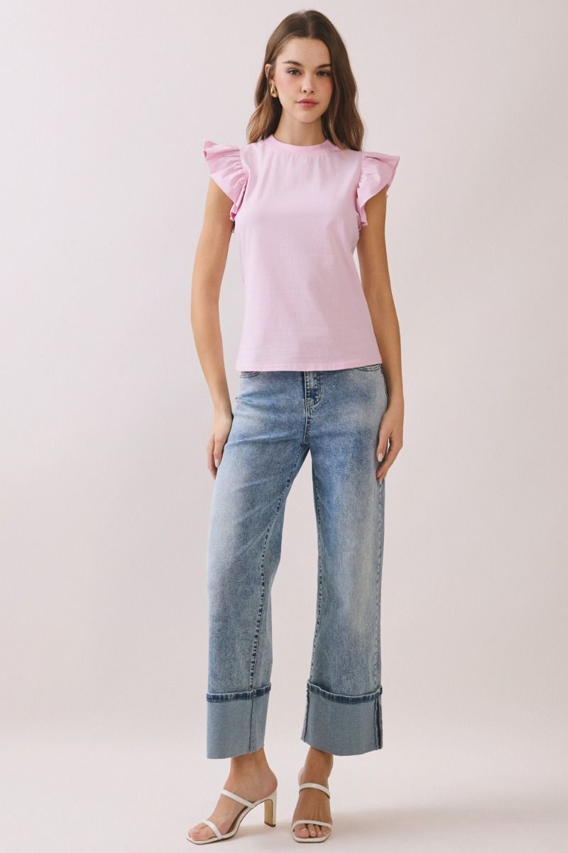 Poplin Ruffle Sleeve Top - Pink