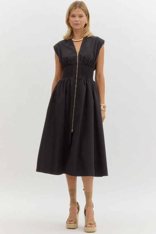Evette Zip Front Midi Dress (Black)