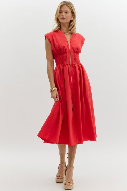 Evette Zip Front Midi Dress (Red)