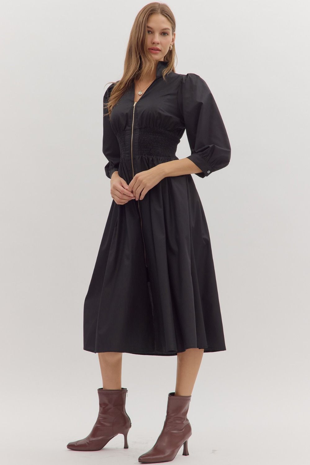 First Glance Smocked Zipper Midi Dress - Black