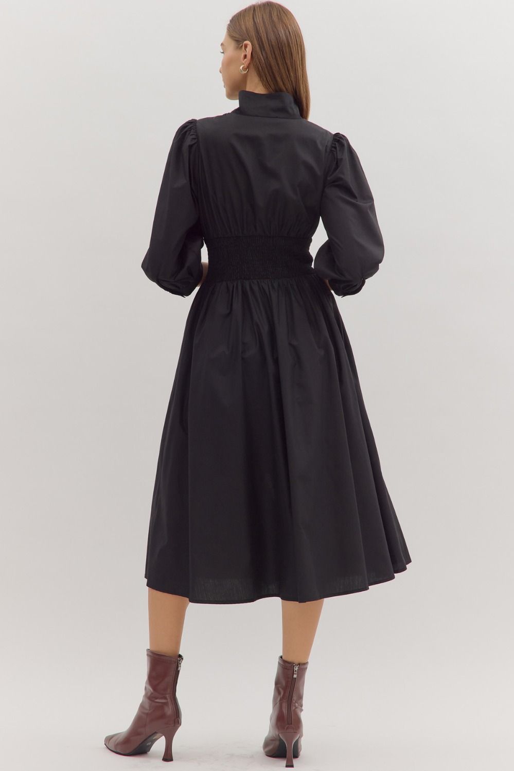 First Glance Smocked Zipper Midi Dress - Black