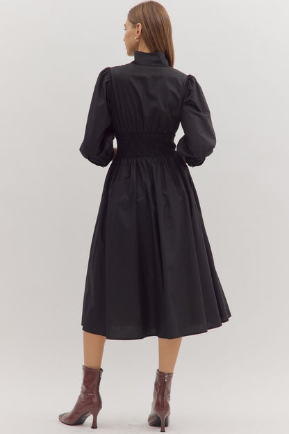 First Glance Smocked Zipper Midi Dress - Black