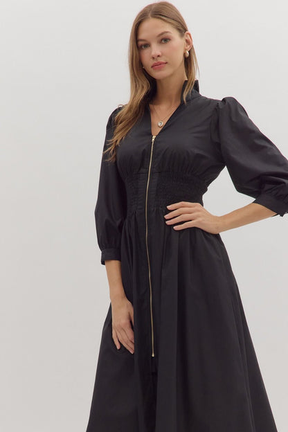 First Glance Smocked Zipper Midi Dress - Black