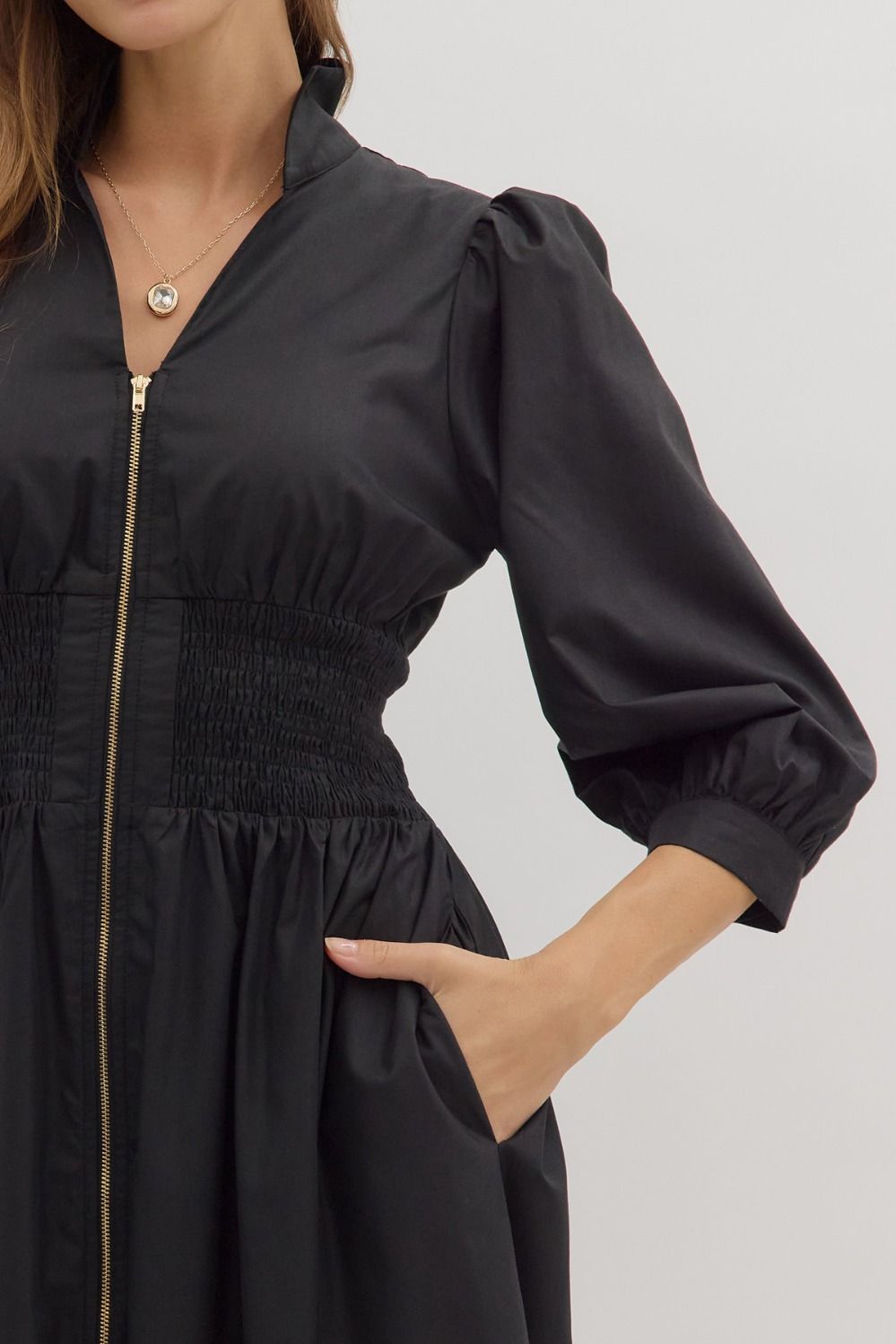 First Glance Smocked Zipper Midi Dress - Black