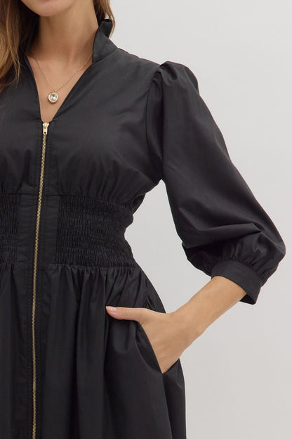 First Glance Smocked Zipper Midi Dress - Black