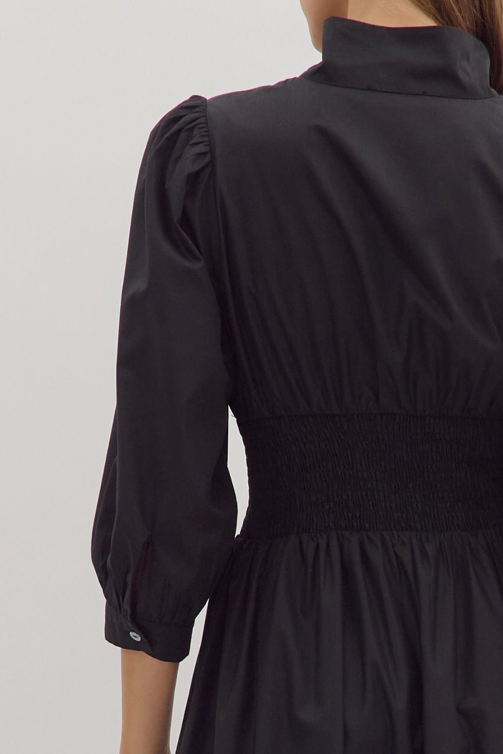 First Glance Smocked Zipper Midi Dress - Black