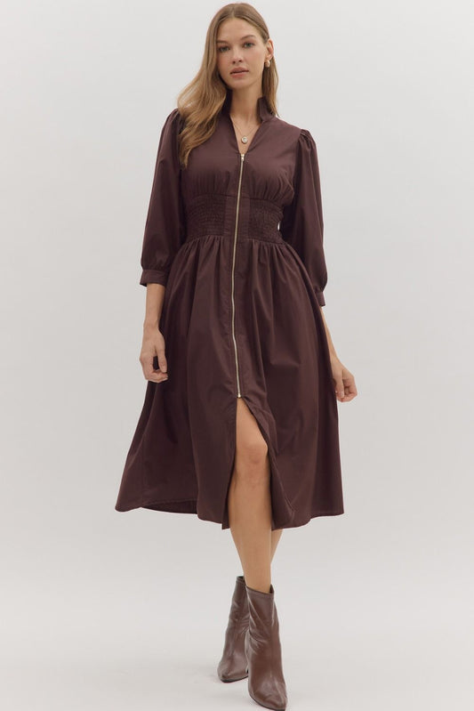 First Glance Smocked Zipper Midi Dress - Chocolate