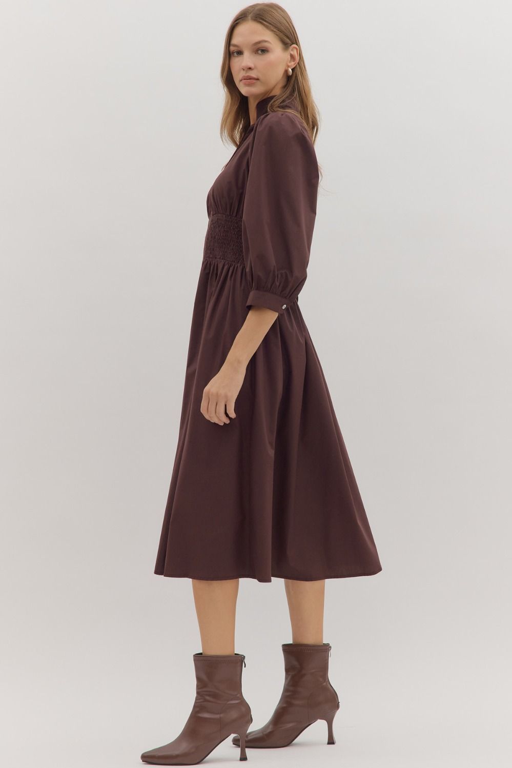 First Glance Smocked Zipper Midi Dress - Chocolate