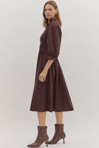 First Glance Smocked Zipper Midi Dress - Chocolate