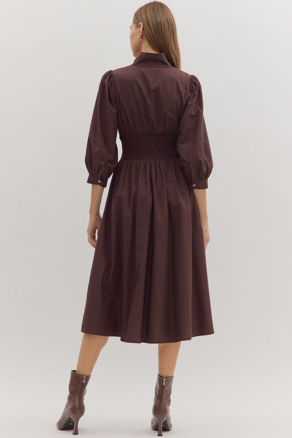 First Glance Smocked Zipper Midi Dress - Chocolate