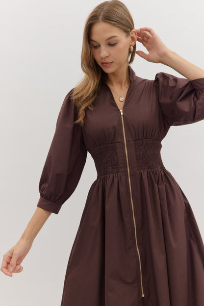 First Glance Smocked Zipper Midi Dress - Chocolate