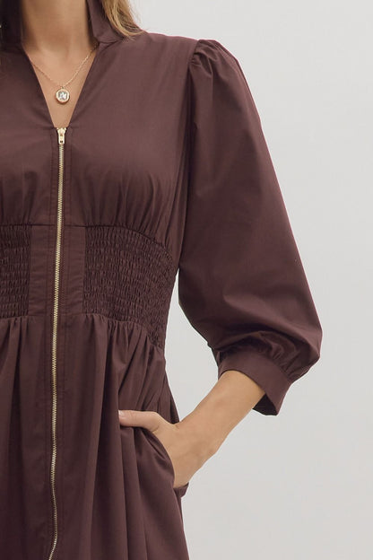 First Glance Smocked Zipper Midi Dress - Chocolate