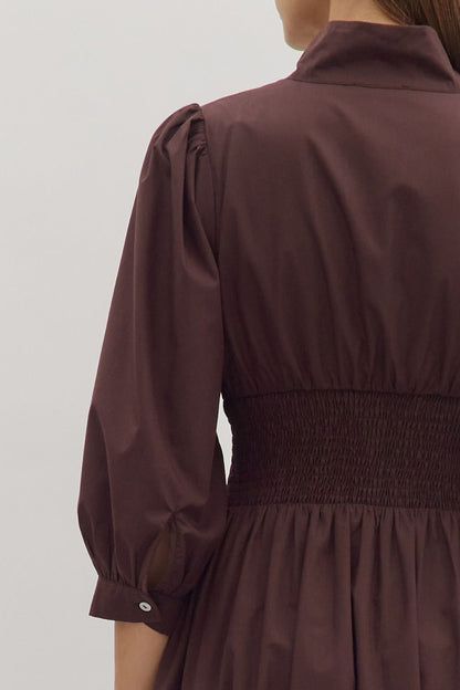 First Glance Smocked Zipper Midi Dress - Chocolate
