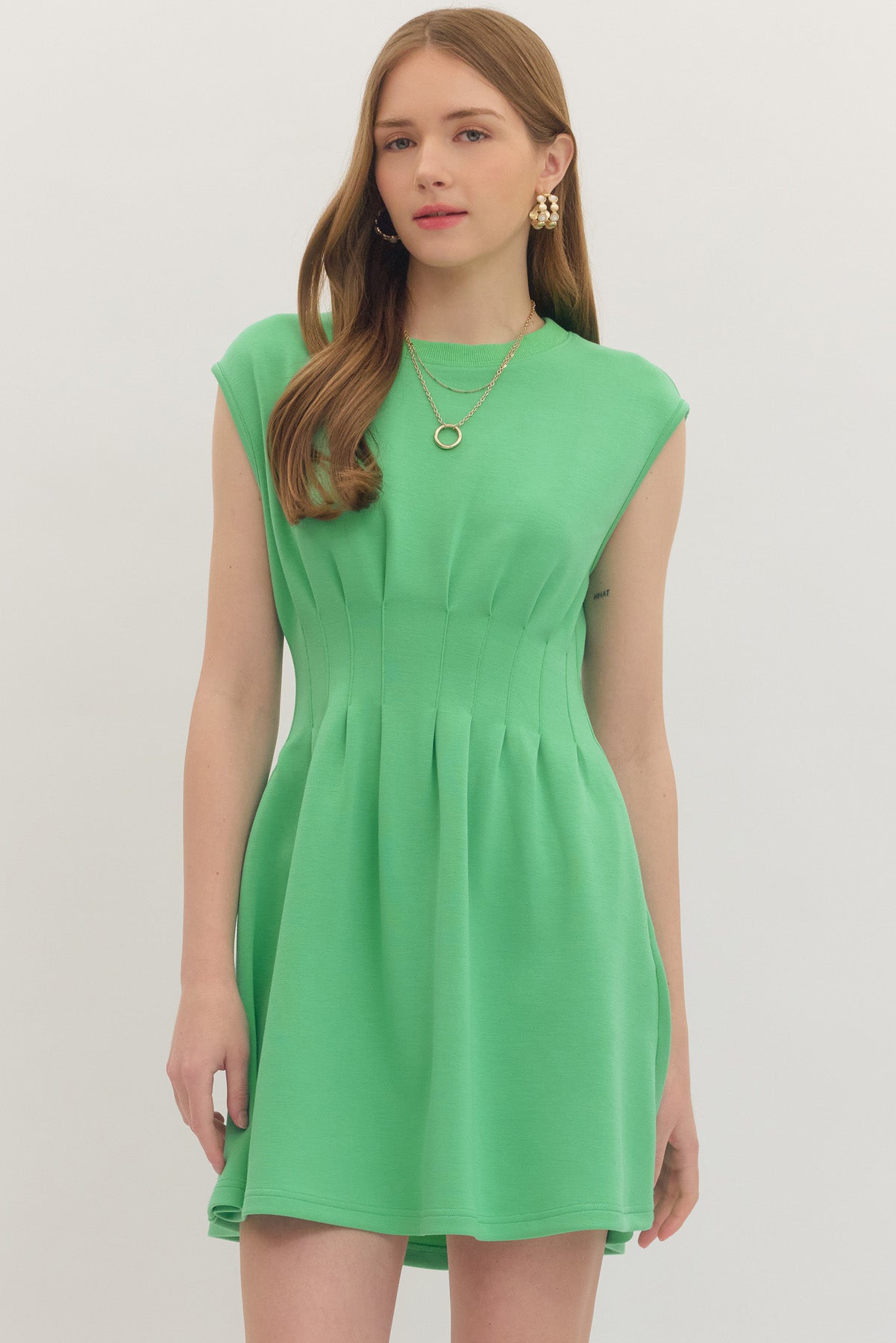Papell Pleated Waist Mini Dress - Green - Delta Swanky Girl