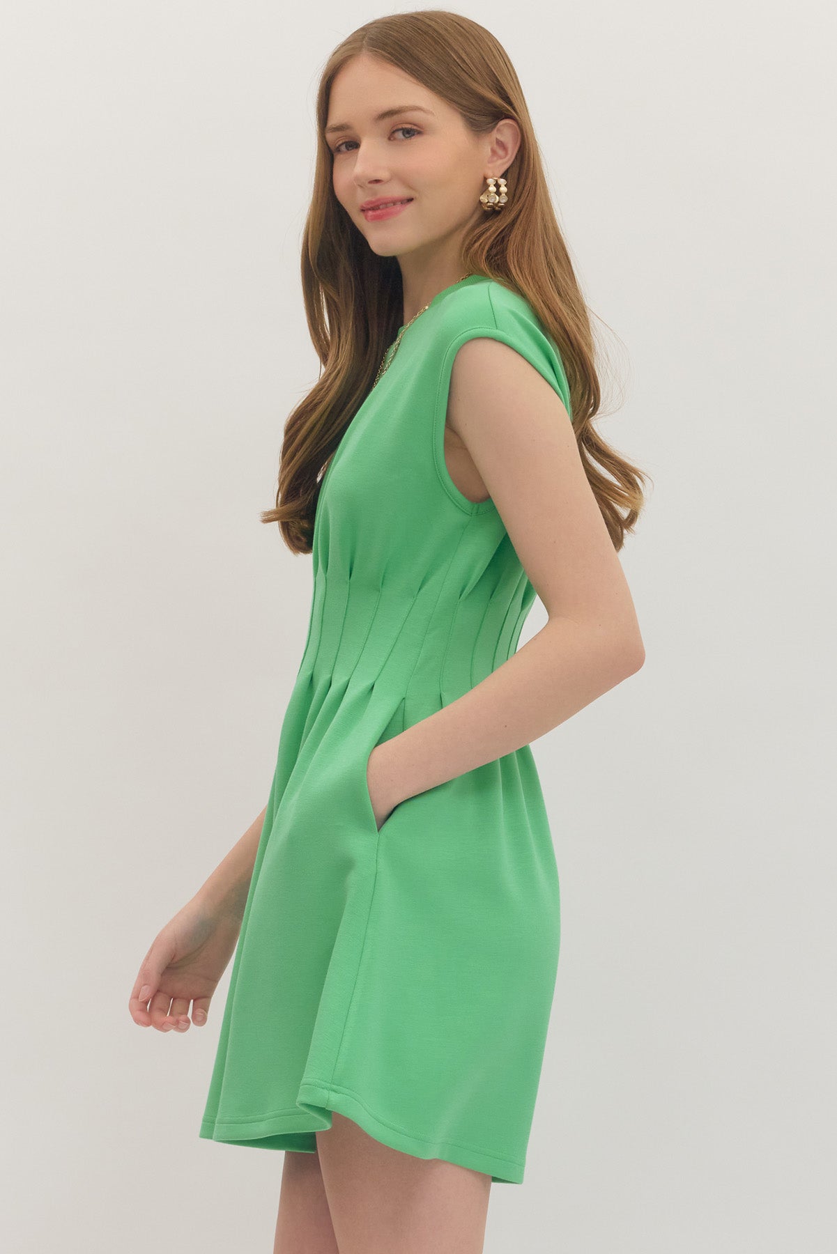 Papell Pleated Waist Mini Dress - Green - Delta Swanky Girl