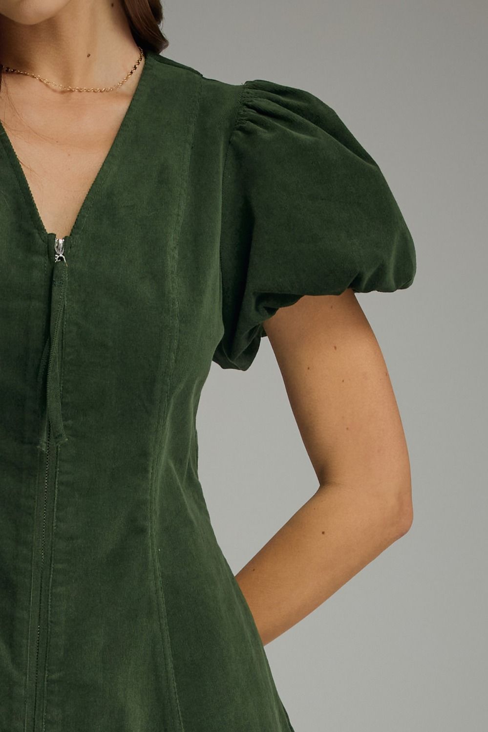 The Evergreen Belle Dress | Puff Sleeve Zip Front A-Line Dress