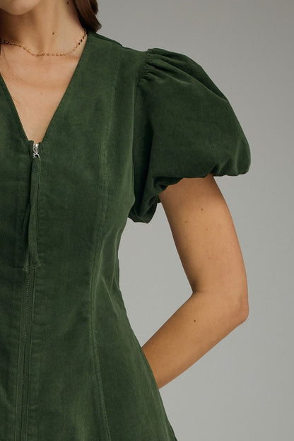 The Evergreen Belle Dress | Puff Sleeve Zip Front A-Line Dress