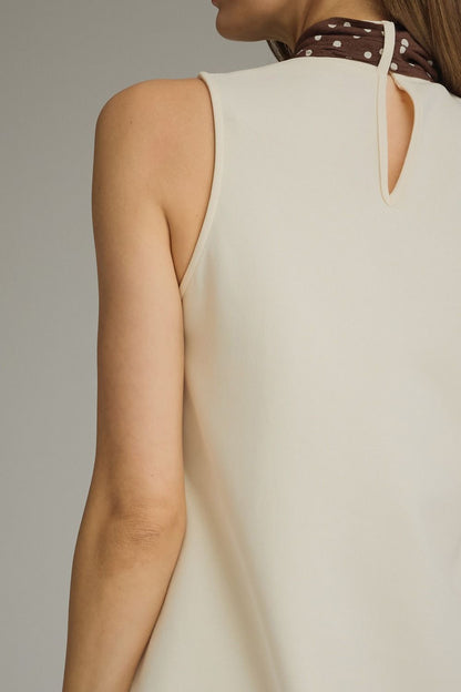 The Ecru Rendezvous Dress | Sleeveless Shift Dress with Polka Dot Scarf Detail
