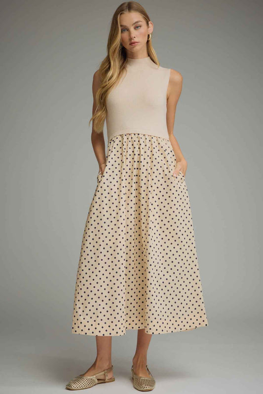 Mixed Media Polka Dot Midi Dress - Ecru