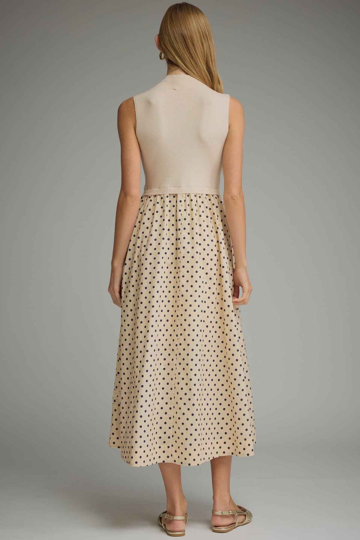 Mixed Media Polka Dot Midi Dress - Ecru
