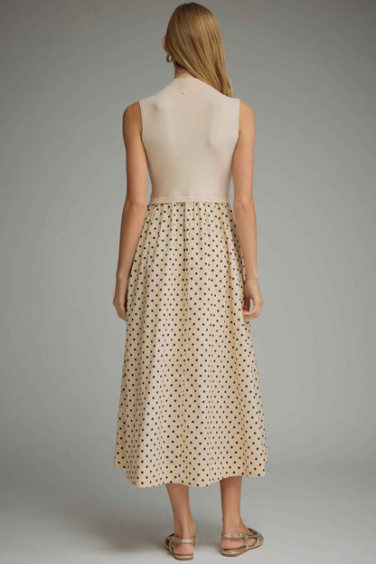 Mixed Media Polka Dot Midi Dress - Ecru