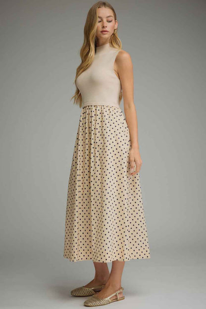 Mixed Media Polka Dot Midi Dress - Ecru