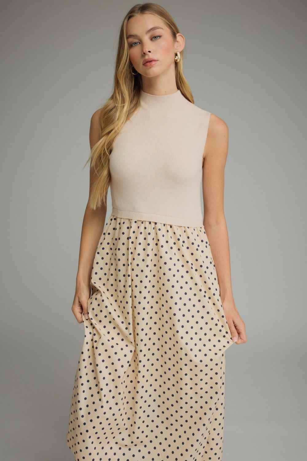 Mixed Media Polka Dot Midi Dress - Ecru
