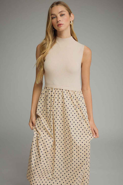 Mixed Media Polka Dot Midi Dress - Ecru