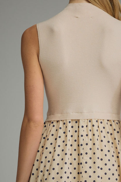 The Ecru Dot Darling Dress | Sleeveless Knit Bodice Polka Dot Midi Dress