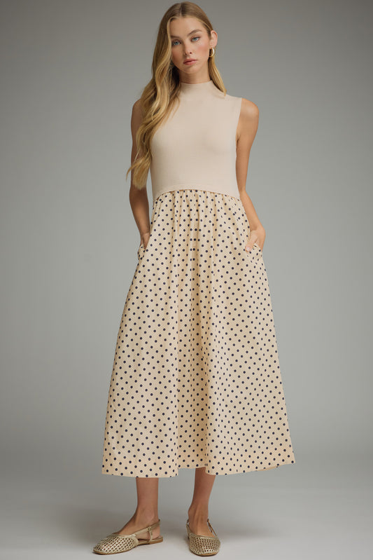 The Ecru Dot Darling Dress | Sleeveless Knit Bodice Polka Dot Midi Dress