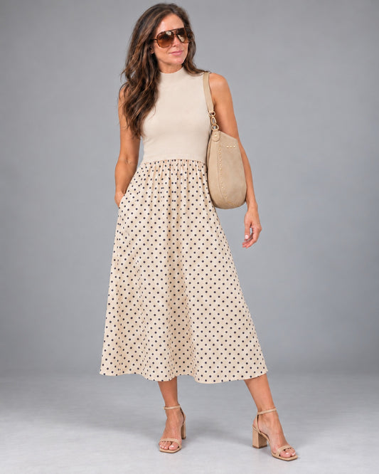 The Ecru Dot Darling Dress | Sleeveless Knit Bodice Polka Dot Midi Dress