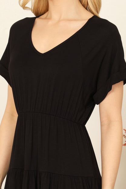 Sabrina Tiered V Neck Dress (Black)