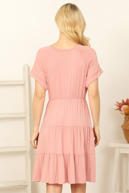 Sabrina Tiered V Neck Dress (Pink)