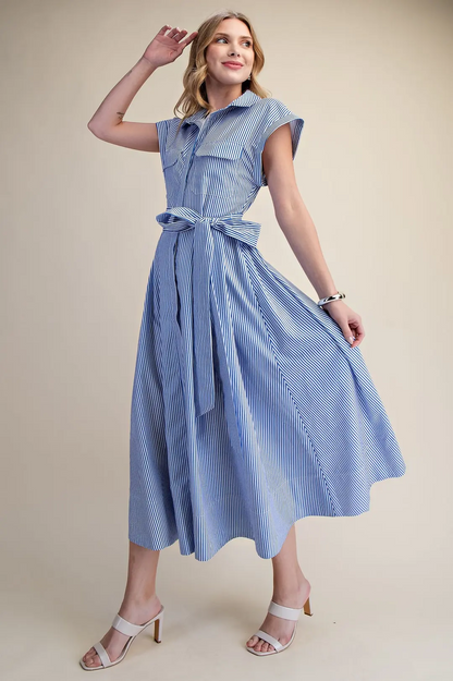 Chatham Front Tie Striped Dress - Blue - Delta Swanky Girl