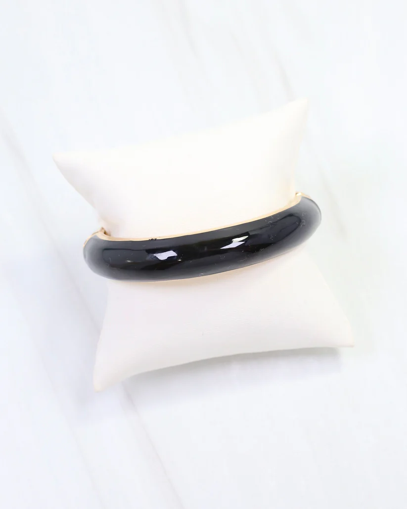 Bloom Enamel Hinged Bangle Bracelet - Black