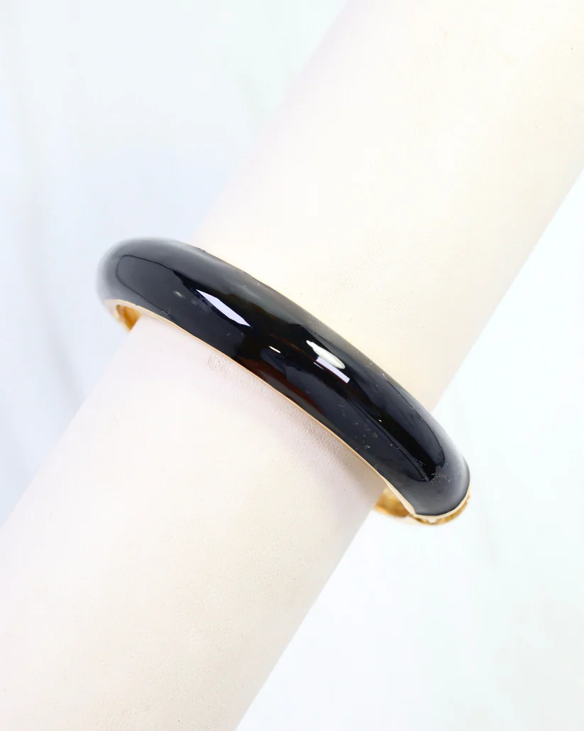 Bloom Enamel Hinged Bangle Bracelet - Black