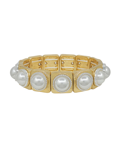 Golden Pearl Square Tile Stretch Bracelet