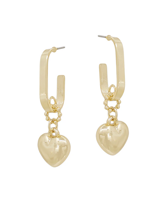 Puffy Heart Dangle Hoop Earring - Gold