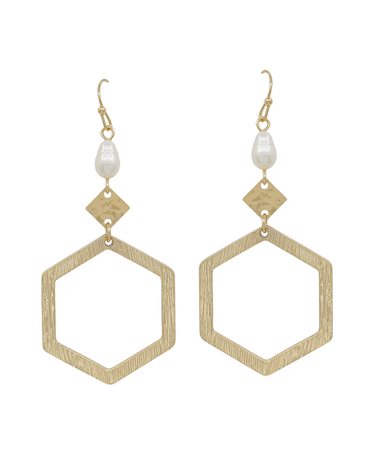 Satin Brushed Gold Open Hexagon Earring - Gold