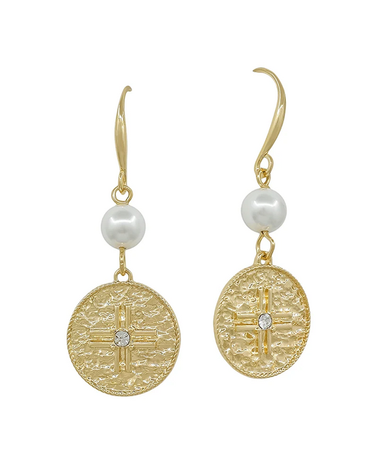 Benedict Pearl Adorned Cross Coin Earring