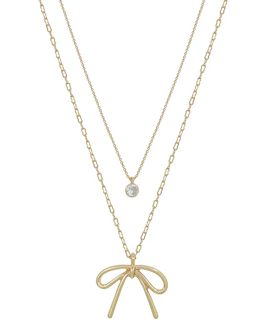 Crystal Ribbon Layered Necklace - Gold