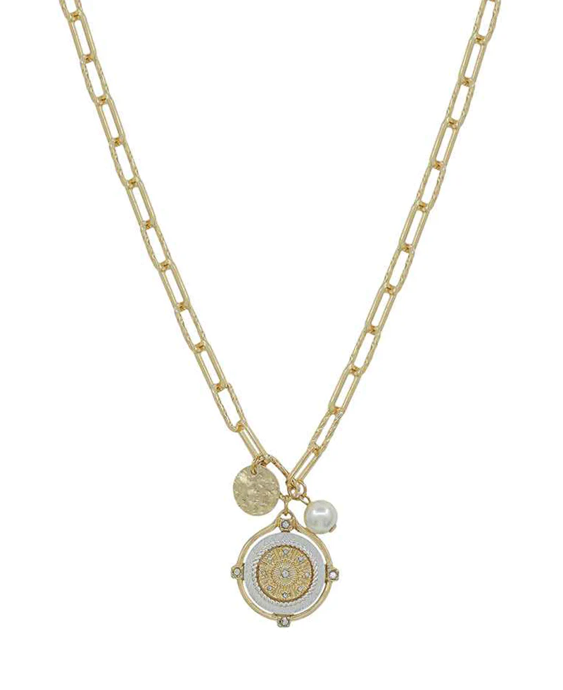Two Toned Pearl Medallion Necklace - Delta Swanky Girl